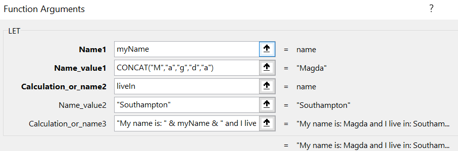 Excel LET with multiple variables