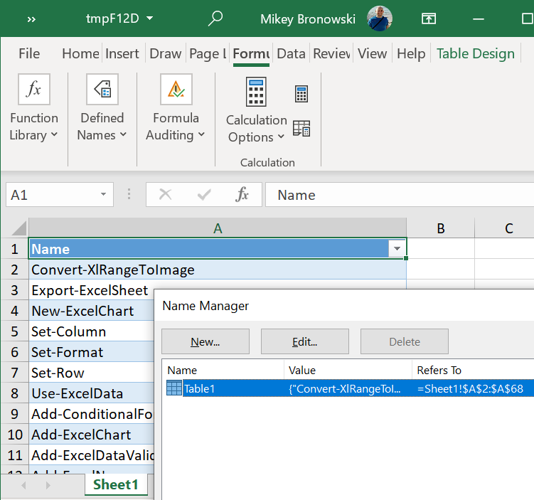 Exported file in Excel spreadsheet format with named range (Excel table)